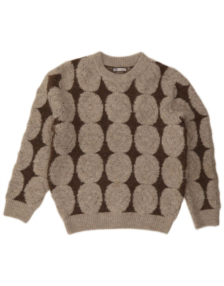 Damski sweter z okrągłym dekoltem Zara UK 16, duży, beżowy, geometryczny poliester
