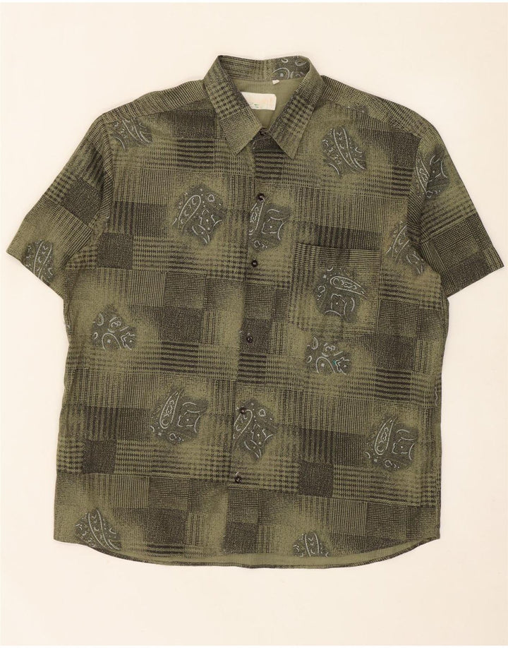 Męska koszula z krótkim rękawem w stylu vintage w abstrakcyjny wzór XL, wiskoza khaki