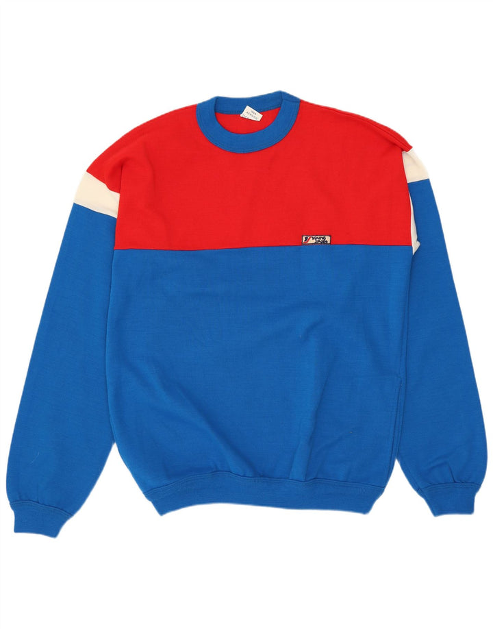 Męski sweter z okrągłym dekoltem w stylu VINTAGE, średni niebieski, akryl z blokami kolorów