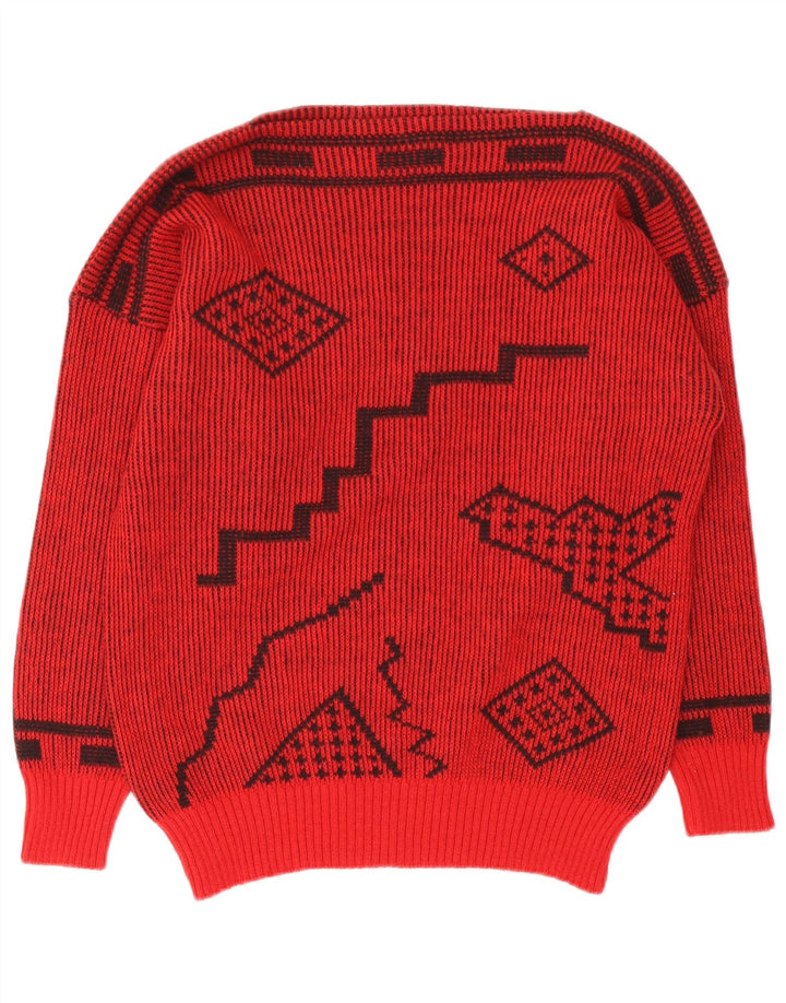 Vintage damski sweter z dekoltem w łódkę IT 44, średni czerwony, geometryczny wełniany