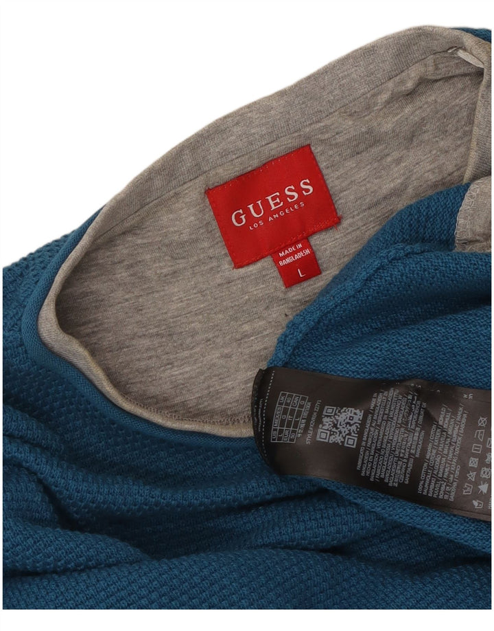 Męski top Guess z długim rękawem, duży, niebieski, bawełniany w bloki kolorów