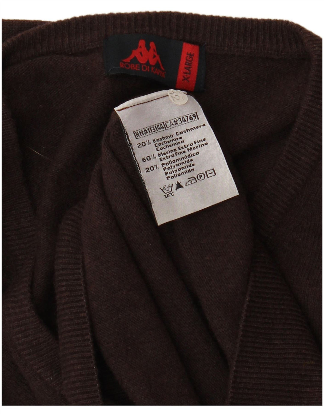 Męski sweter KAPPA z dekoltem w kształcie litery V, XL, brązowa wełna