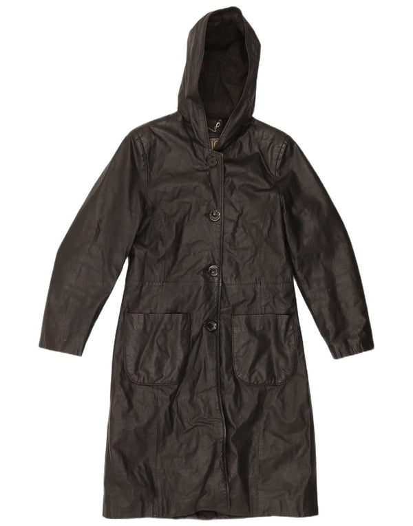 Vintage damski płaszcz skórzany z kapturem IT 44, średnia czarna skóra