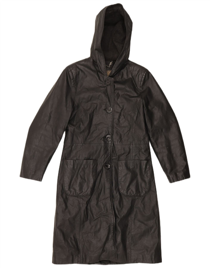 Vintage damski płaszcz skórzany z kapturem IT 44, średnia czarna skóra