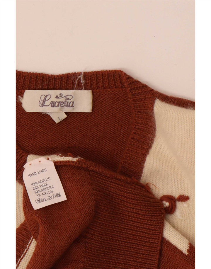 Vintage damski sweter kardigan UK 14 duży brązowy patchwork akryl