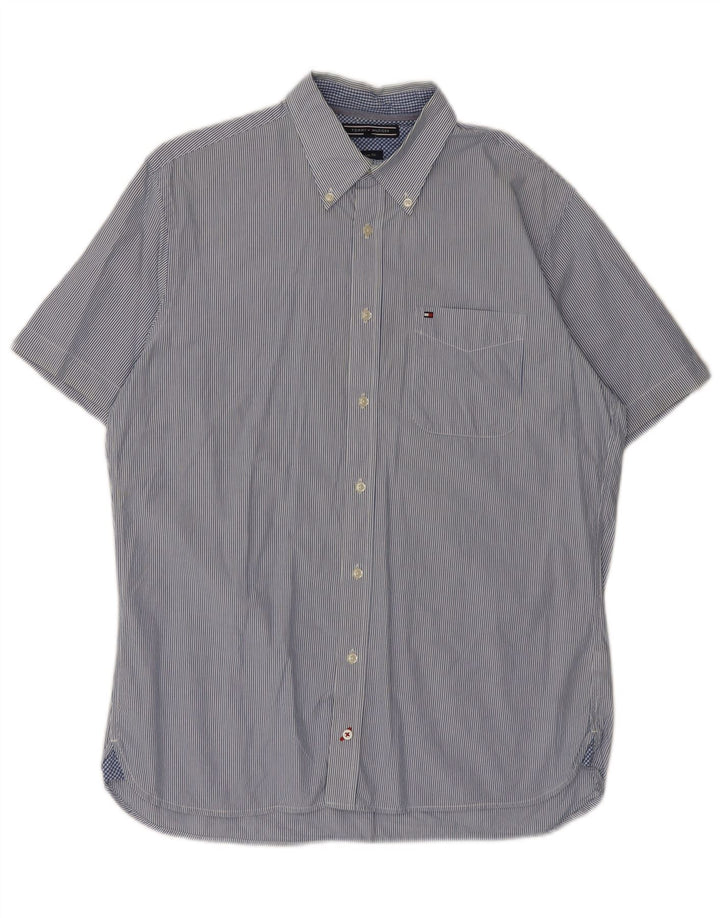 TOMMY HILFIGER Mens Custom Fit Short Sleeve Shirt Medium Blue Pinstripe