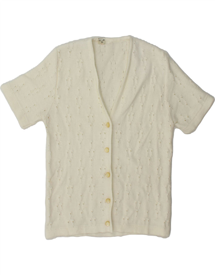 VINTAGE Womens Short Sleeve Cardigan Sweater IT 44 Medium White Vintage Vintage and Second-Hand Vintage from Messina Hembry 