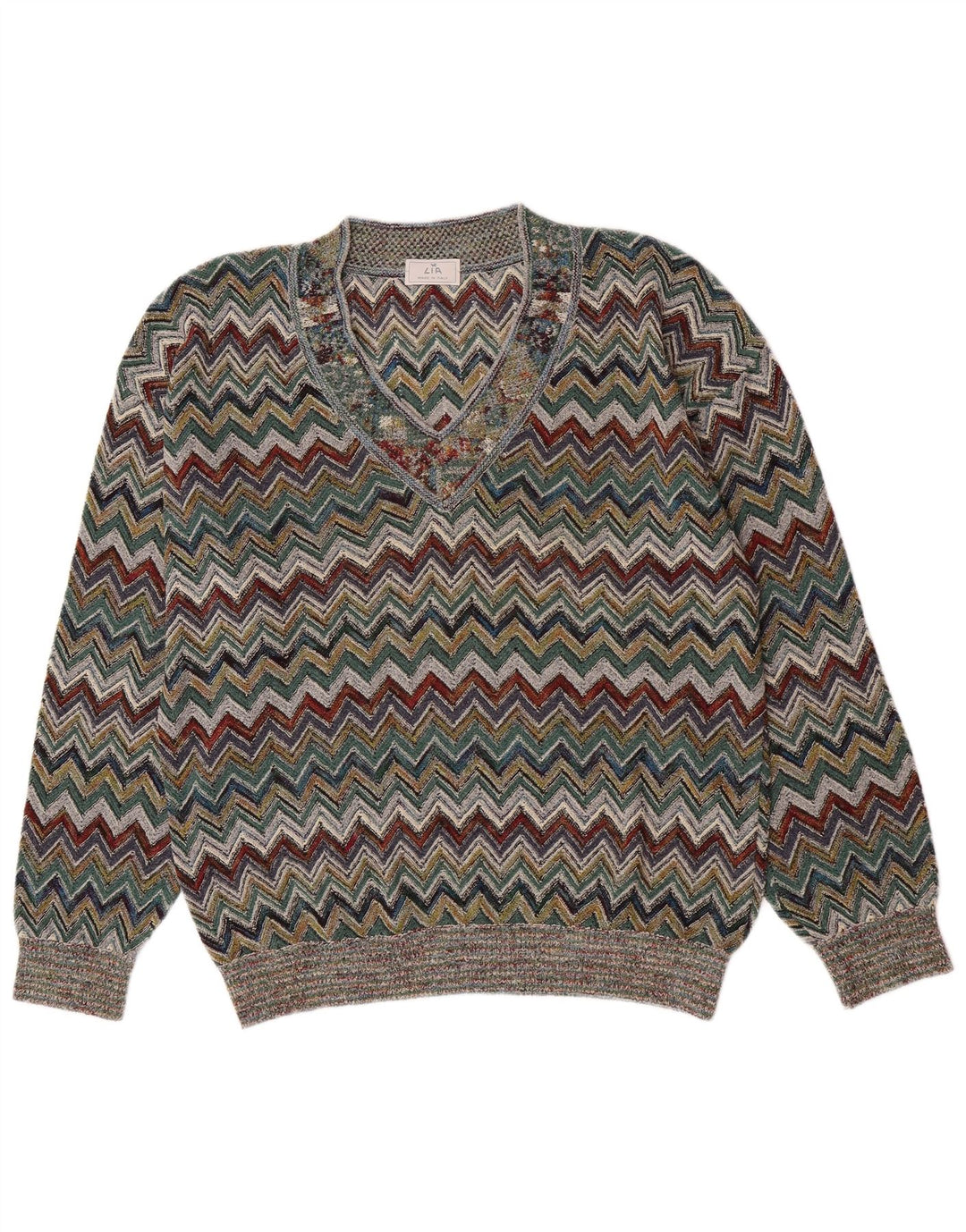 Męski sweter w stylu vintage z dekoltem w szpic, duży, wielokolorowy, akrylowy jodełka