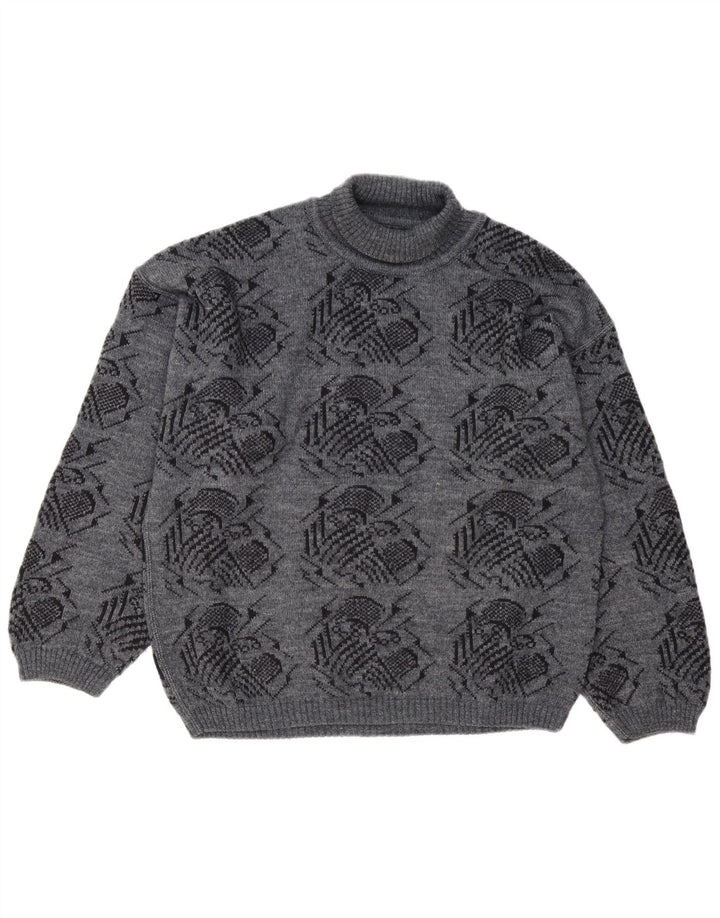 Vintage męski sweter z wywijanym dekoltem w abstrakcyjny wzór, duży szary