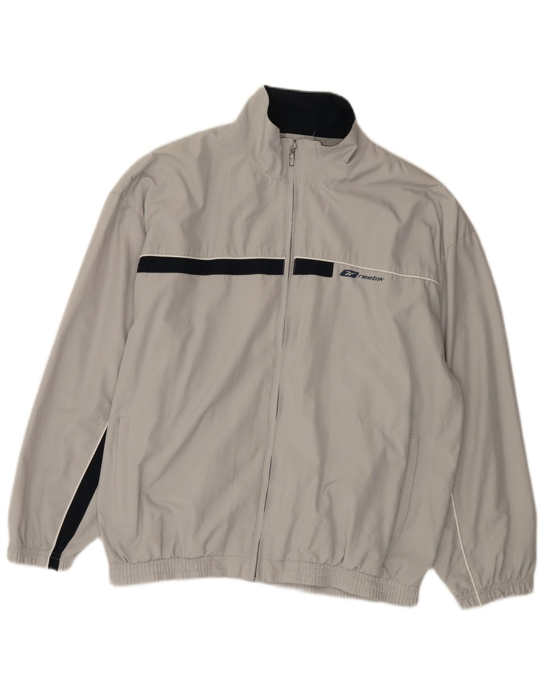 Męska kurtka dresowa Reebok o luźnym kroju, mała, szara, poliester z blokami kolorów