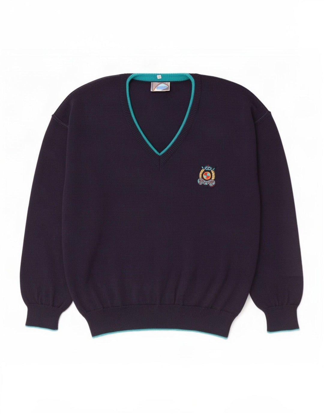 Męski sweter w stylu vintage z dekoltem w szpic IT 50 Średni granatowy wełniany