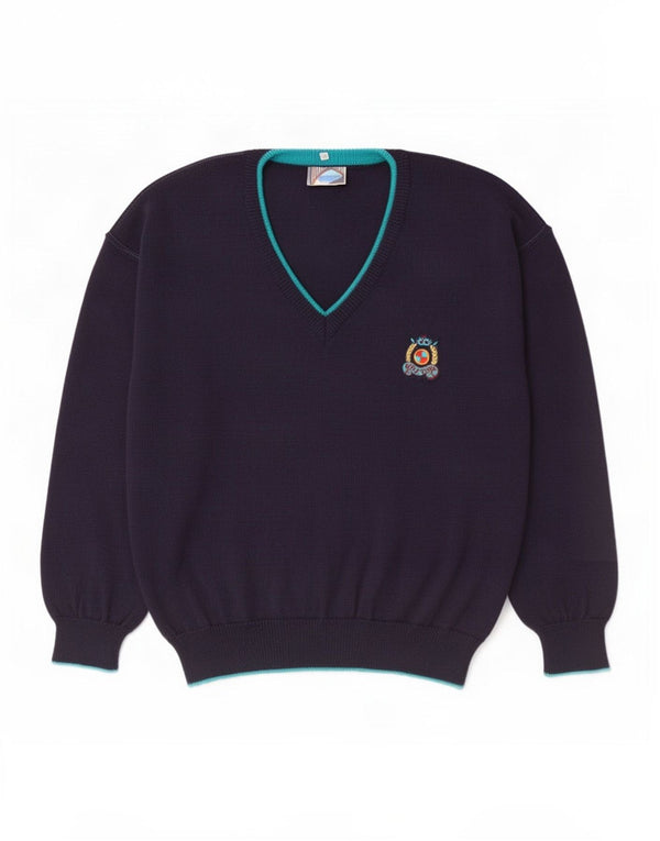 Męski sweter w stylu vintage z dekoltem w szpic IT 50 Średni granatowy wełniany