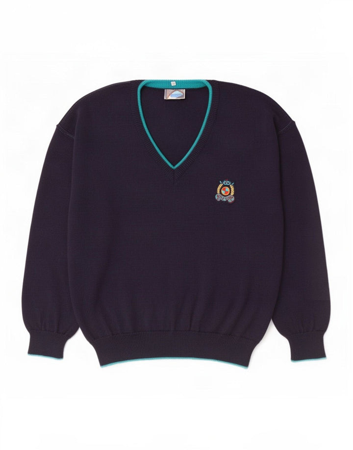 Męski sweter w stylu vintage z dekoltem w szpic IT 50 Średni granatowy wełniany