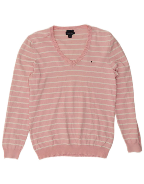 Sweter damski Tommy Hilfiger z dekoltem w kształcie litery V, UK 16, duży, różowy, bawełniany