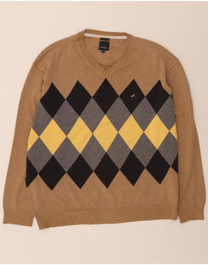 DANIEL HECHTER Mens V-Neck Jumper Sweater XL Brown Argyle/Diamond Cotton Vintage Daniel Hechter and Second-Hand Daniel Hechter from Messina Hembry 