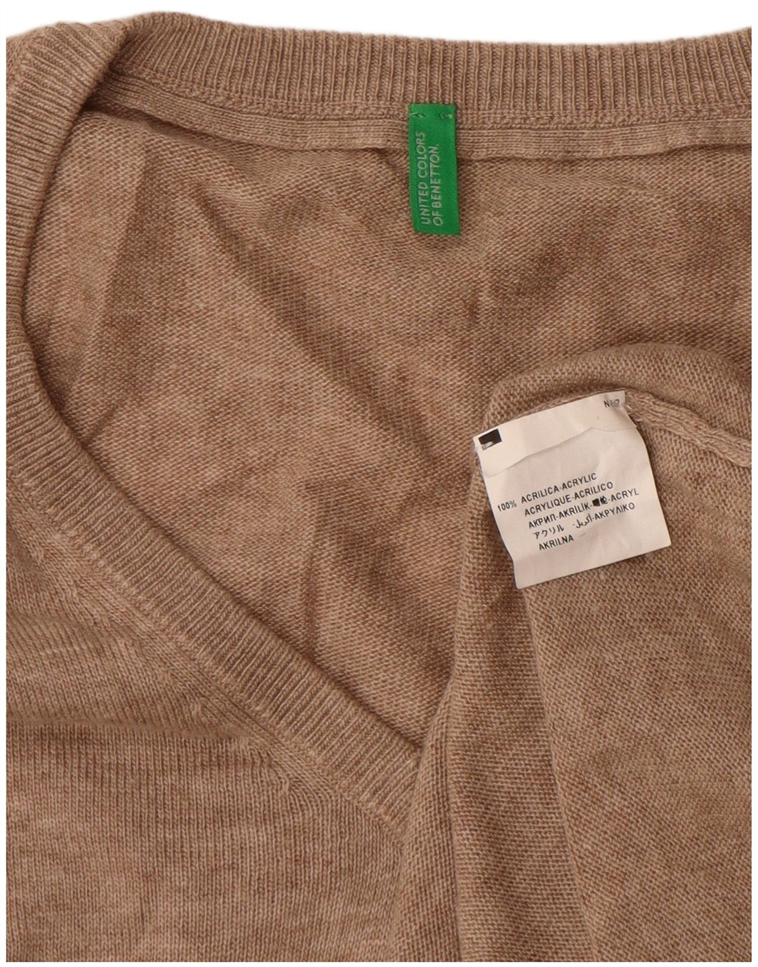 BENETTON Męski sweter z dekoltem w kształcie litery V, duży, beżowy