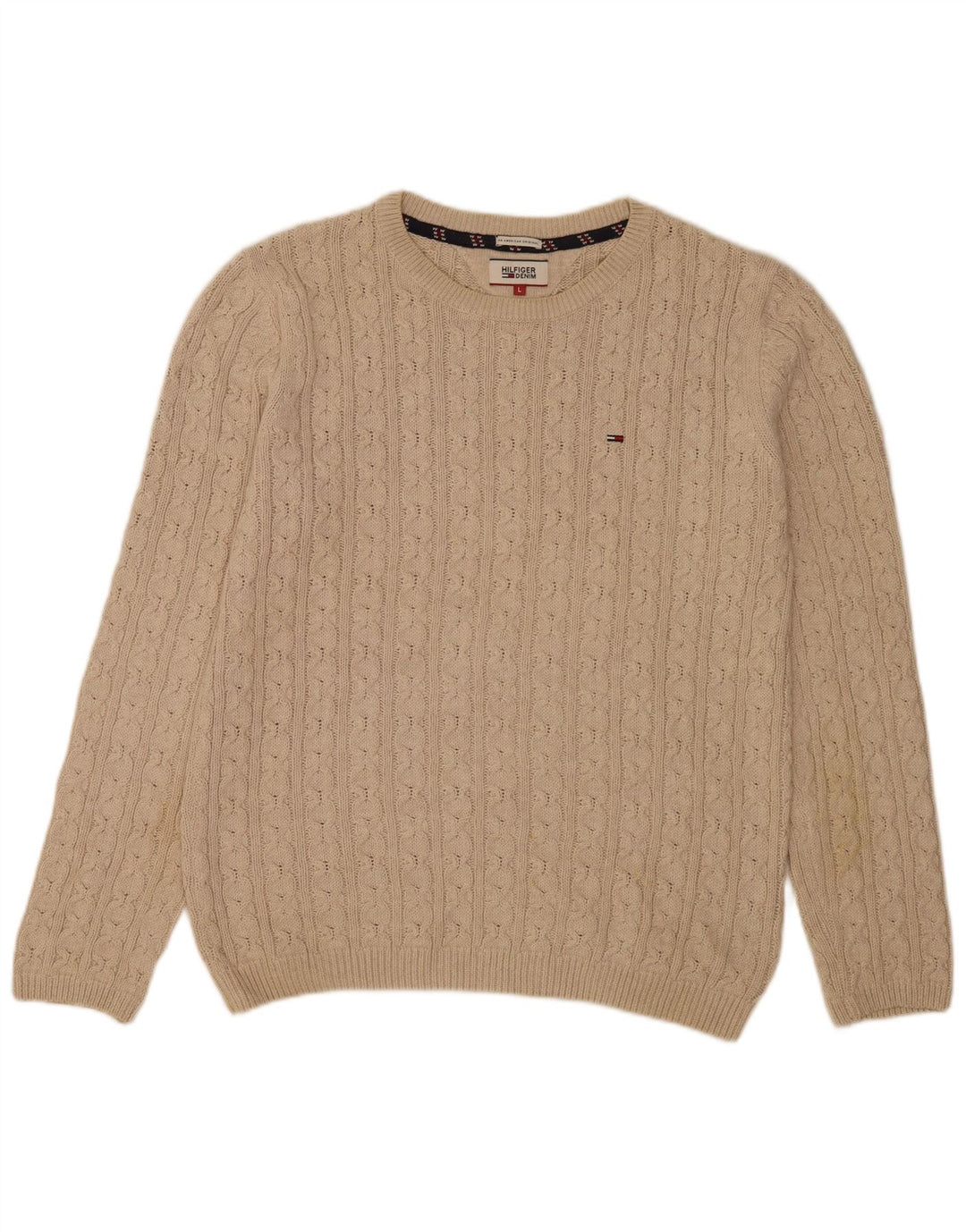 Męski sweter z okrągłym dekoltem Tommy Hilfiger, duży, beżowy, klasyczny