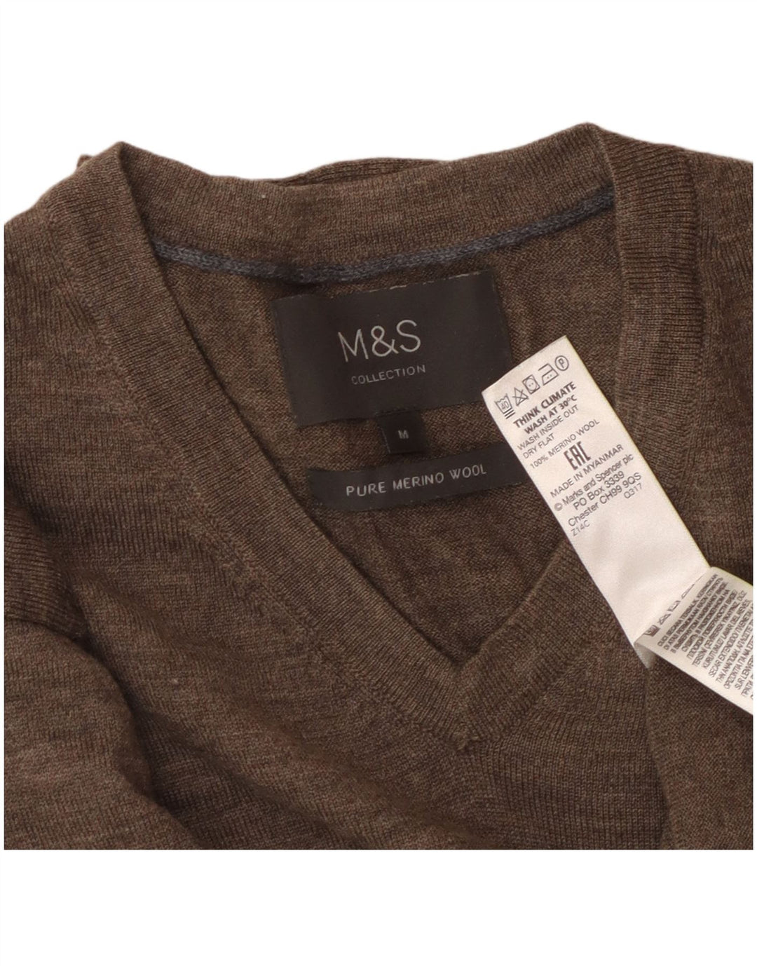 MARKS & SPENCER Męski sweter z dekoltem w kształcie litery V, średniobrązowy, wełna merynosowa