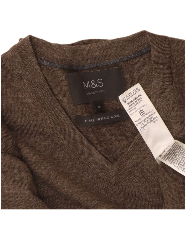 MARKS & SPENCER Męski sweter z dekoltem w kształcie litery V, średniobrązowy, wełna merynosowa