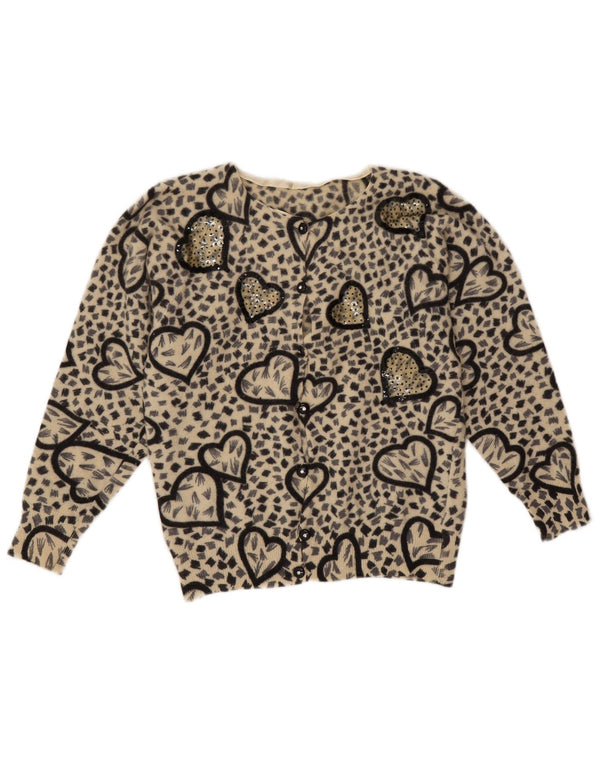 Sweter damski w stylu vintage, rozpinany UK 10, mały, beżowy, zwierzęcy nadruk, wełna owcza