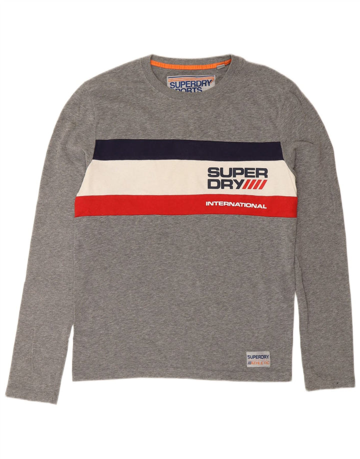 Męski top graficzny Superdry z długim rękawem, mały, szary, bawełniany w bloki kolorów