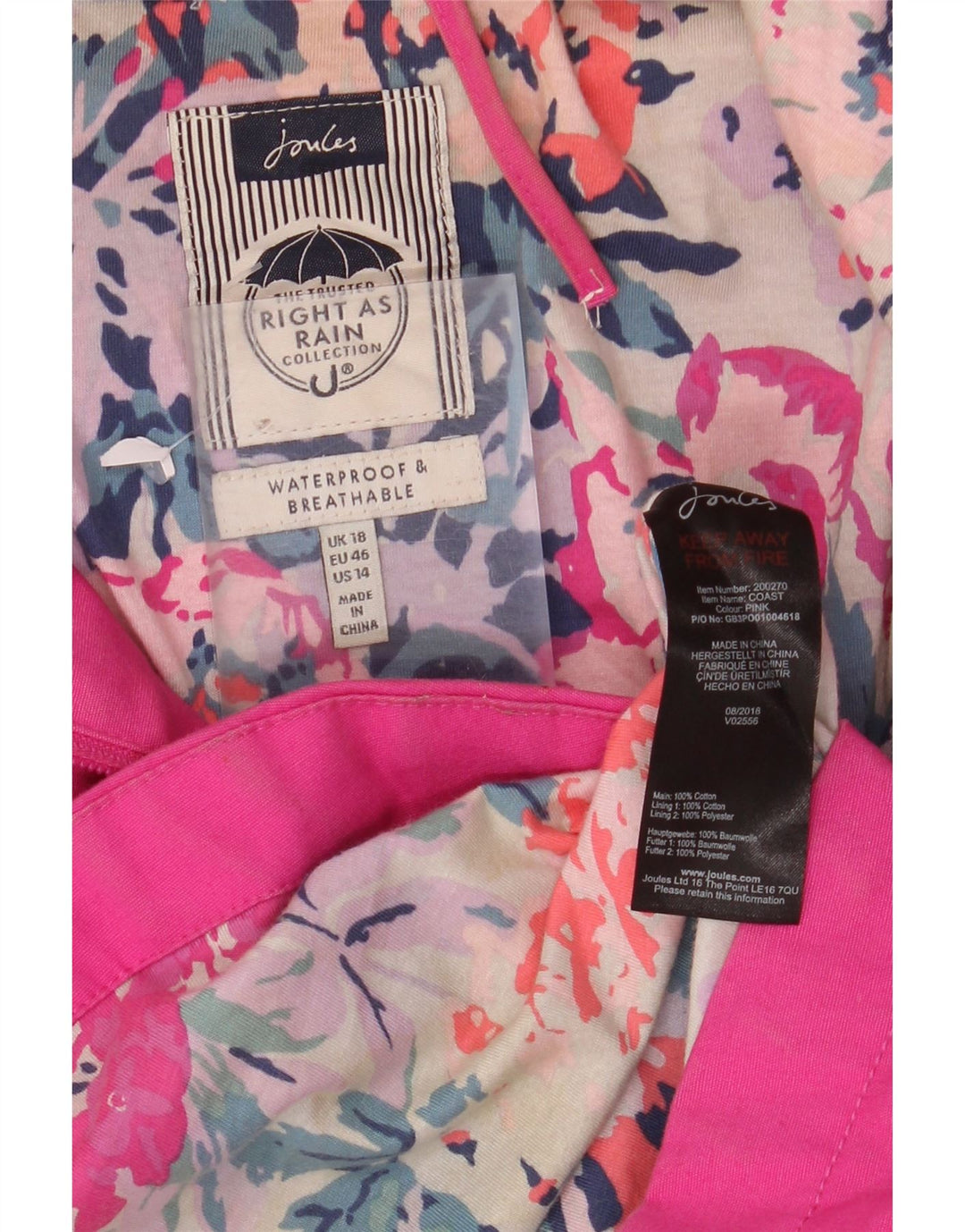 Damska kurtka przeciwdeszczowa z kapturem JOULES UK 18 XL, różowa, bawełniana