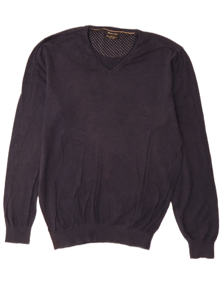 Męski sweter Massimo Dutti z dekoltem w kształcie litery V, duży, granatowy, bawełniany