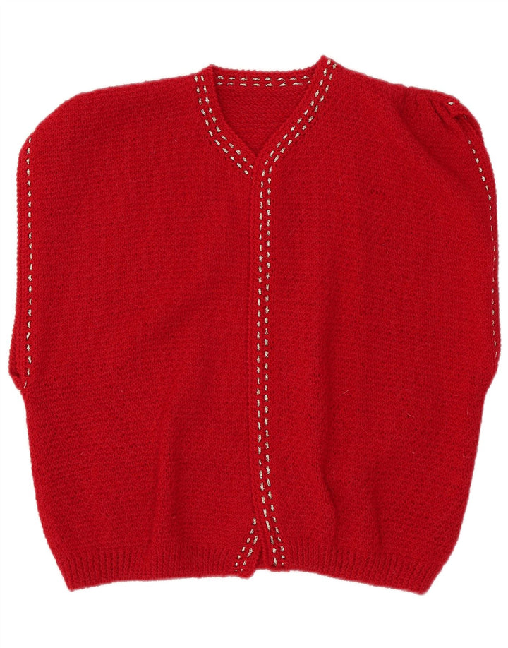 Vintage damski sweter rozpinany z krótkim rękawem UK 12, średni czerwony