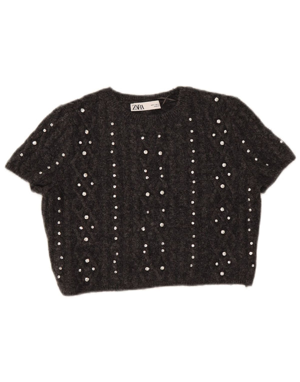 Damski sweter Zara Crop z krótkim rękawem i dekoltem w łódkę UK 10 Small Grey