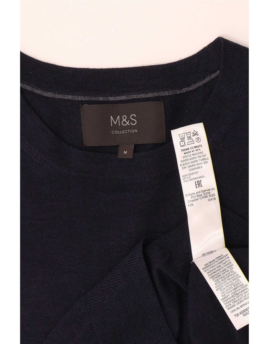 Marks & Spencer Męski sweter z dekoltem w łódkę, średni granat, wełna merynosów