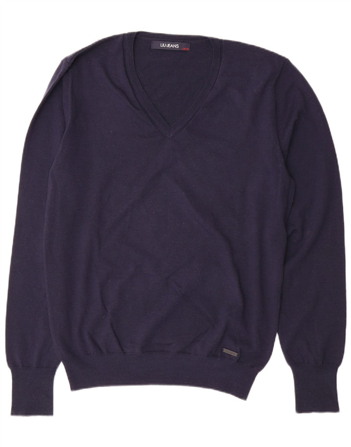 Sweter damski LIU JO z dekoltem w kształcie litery V, UK 18 XL, granatowo-wełniany