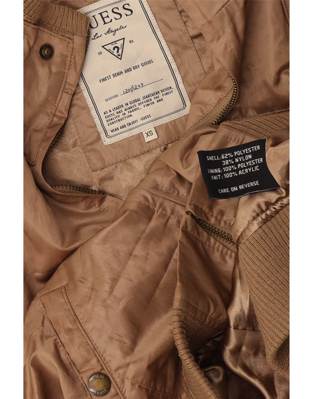 Damska kurtka bomberka Guess UK 6 XS, brązowa, poliester