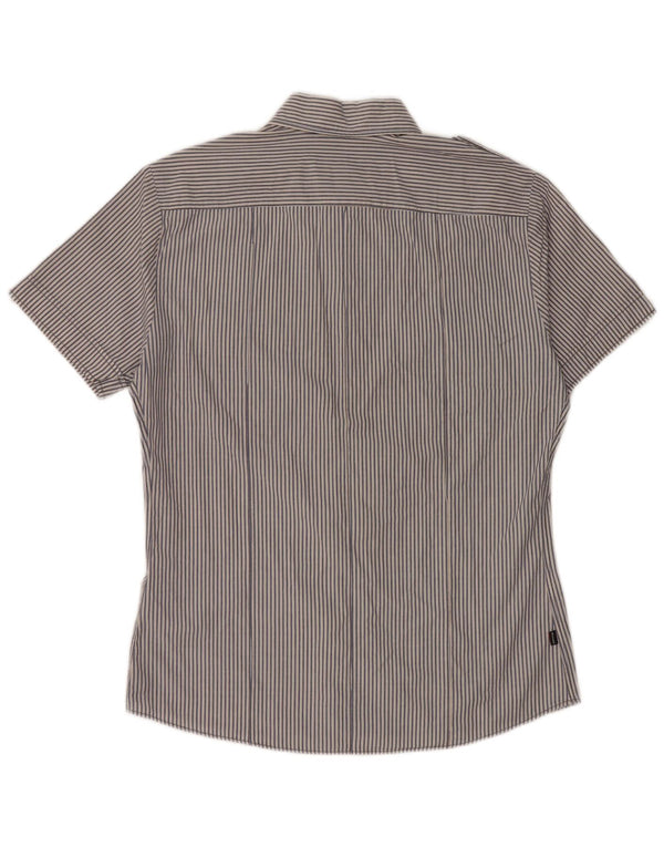 BLAUER Mens Military Short Sleeve Shirt Large Blue Pinstripe Cotton