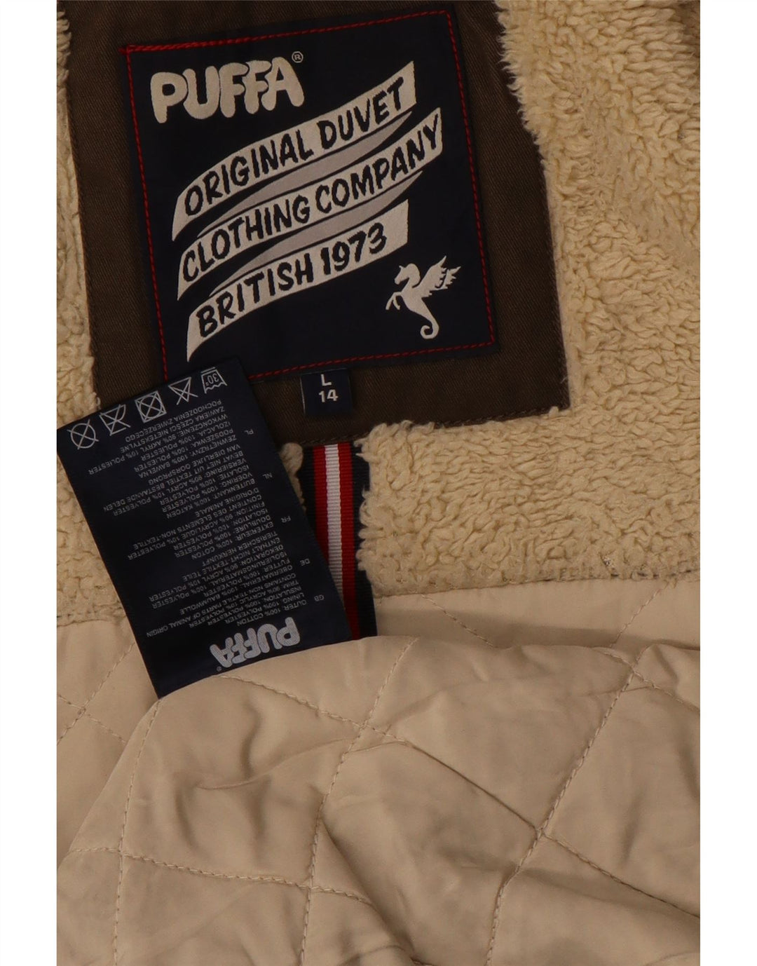 Damska kurtka parka z kapturem Puffa UK 14, duża, brązowa bawełna