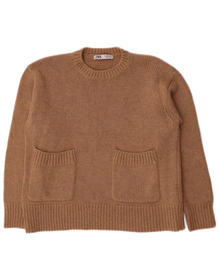 Damski sweter oversize Zara z okrągłym dekoltem, UK 10, mały, brązowy poliester