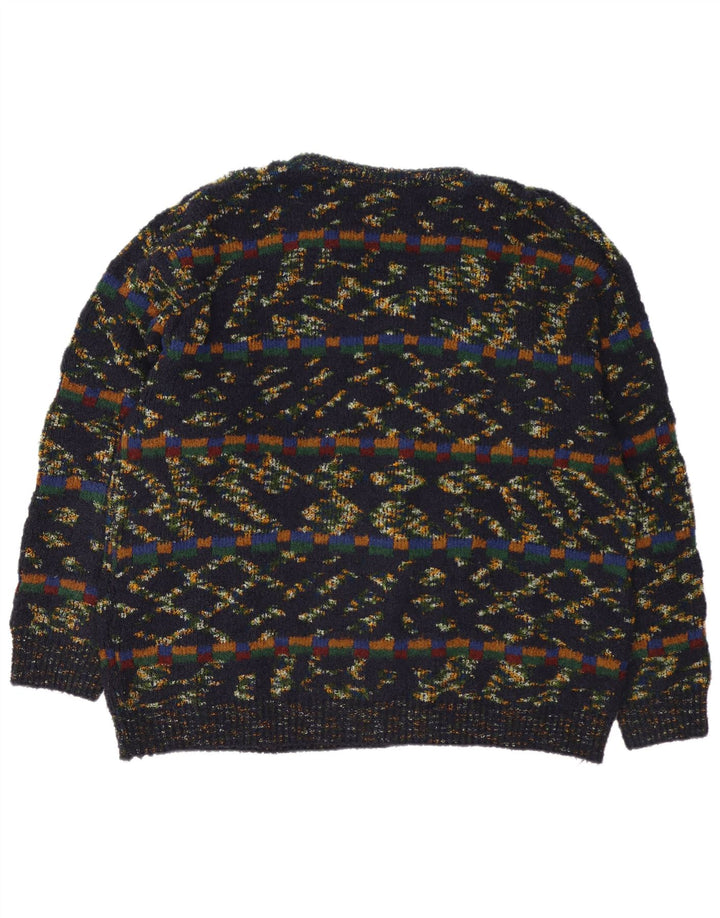 Vintage męski sweter z dekoltem w kształcie litery V, XL, wielobarwna, geometryczna wełna