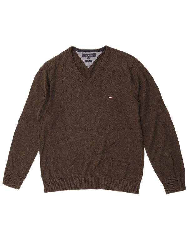 Męski sweter Tommy Hilfiger z dekoltem w kształcie litery V, duży, bawełniany khaki