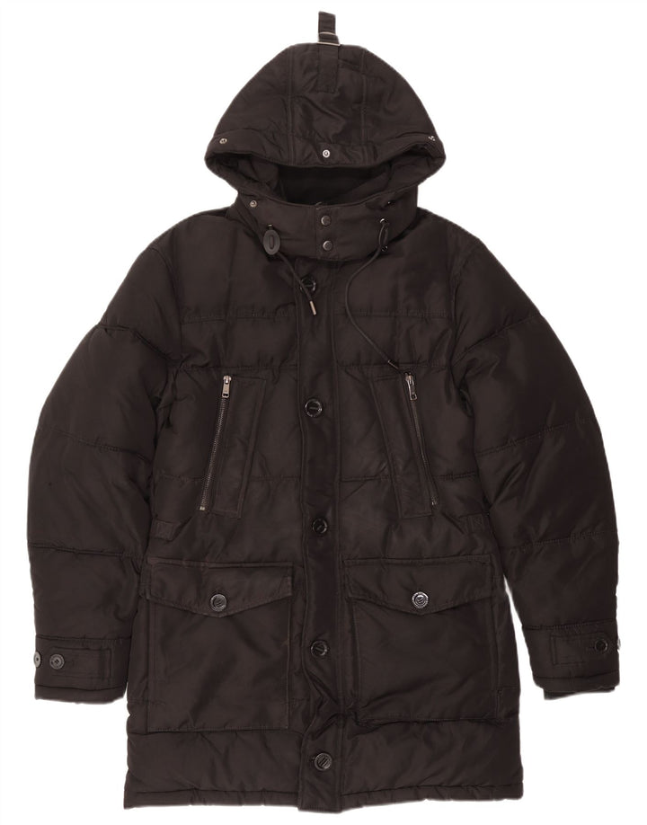 Męski ocieplany płaszcz z kapturem Zara UK 36, mały, czarny poliester