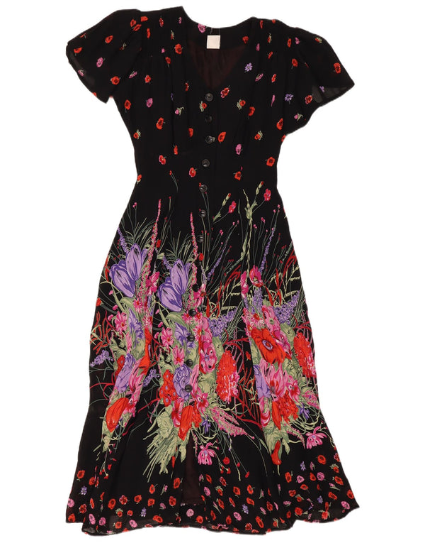Damska sukienka maxi w stylu vintage UK 10, mała czarna w kwiaty