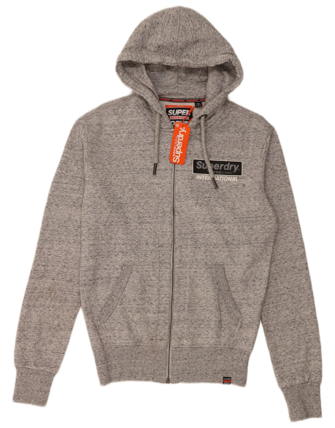 SUPERDRY Męski sweter z kapturem i zamkiem błyskawicznym XS, szary, z plamkami, bawełniany