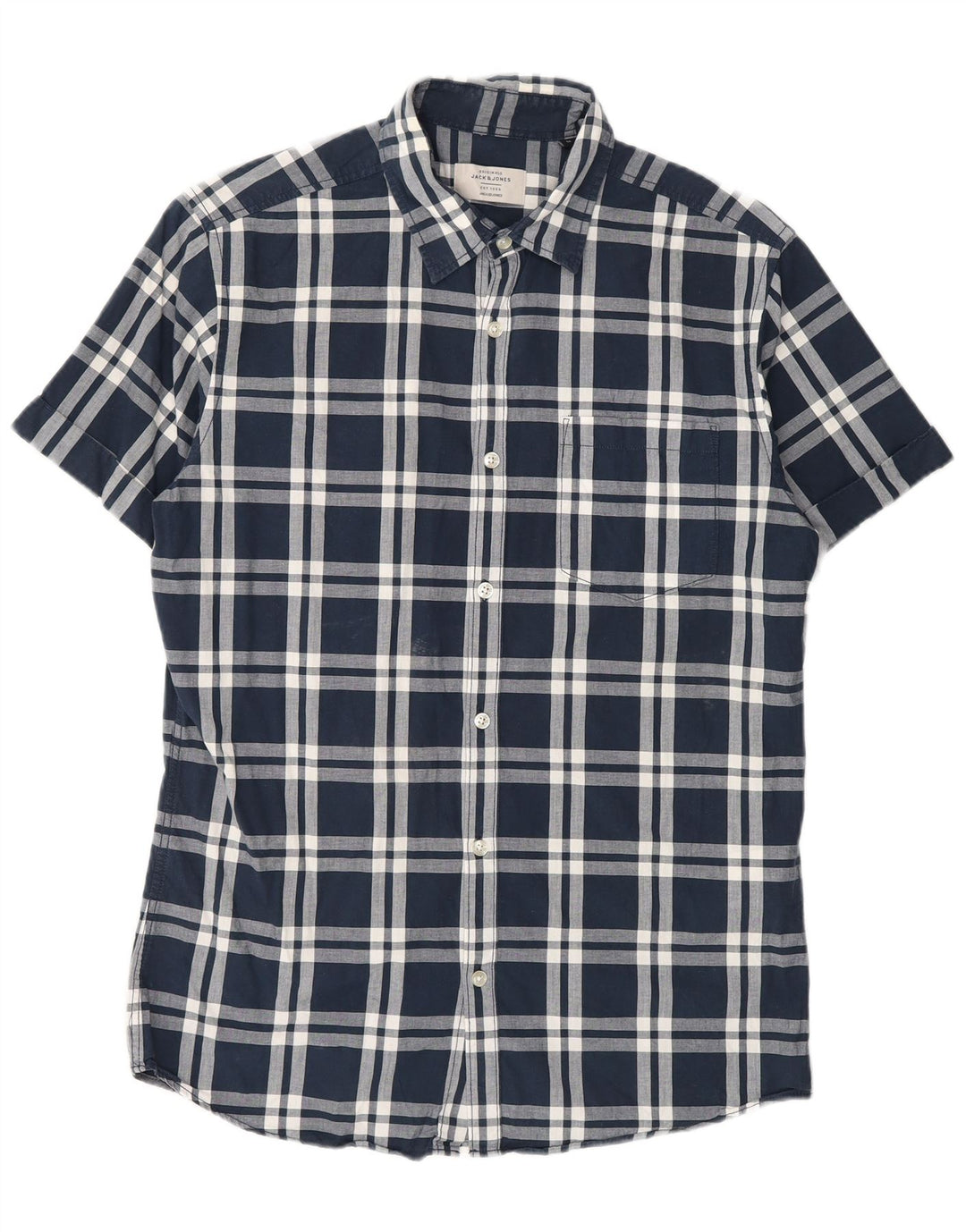 Koszula męska z krótkim rękawem Jack & Jones, średnia, granatowa, bawełniana w kratkę