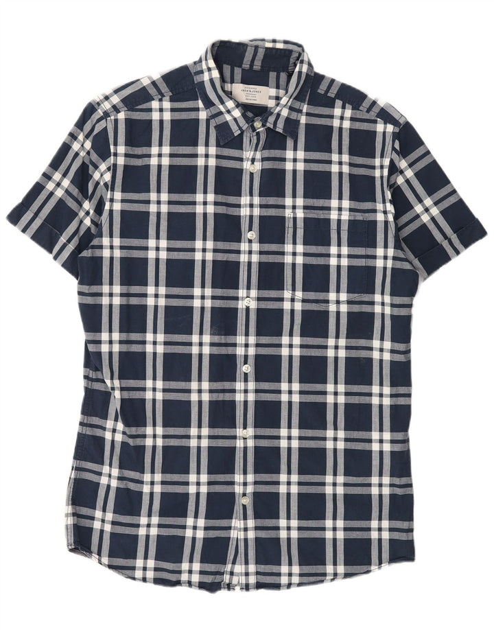 Koszula męska z krótkim rękawem Jack & Jones, średnia, granatowa, bawełniana w kratkę