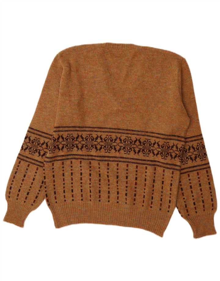 Męski sweter w stylu vintage z dekoltem w szpic, średnio brązowy, akryl Fair Isle