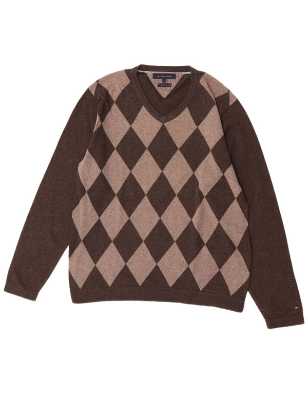 Tommy Hilfiger Męski sweter z dekoltem w kształcie litery V, duży, brązowy, argyle/diamentowa bawełna