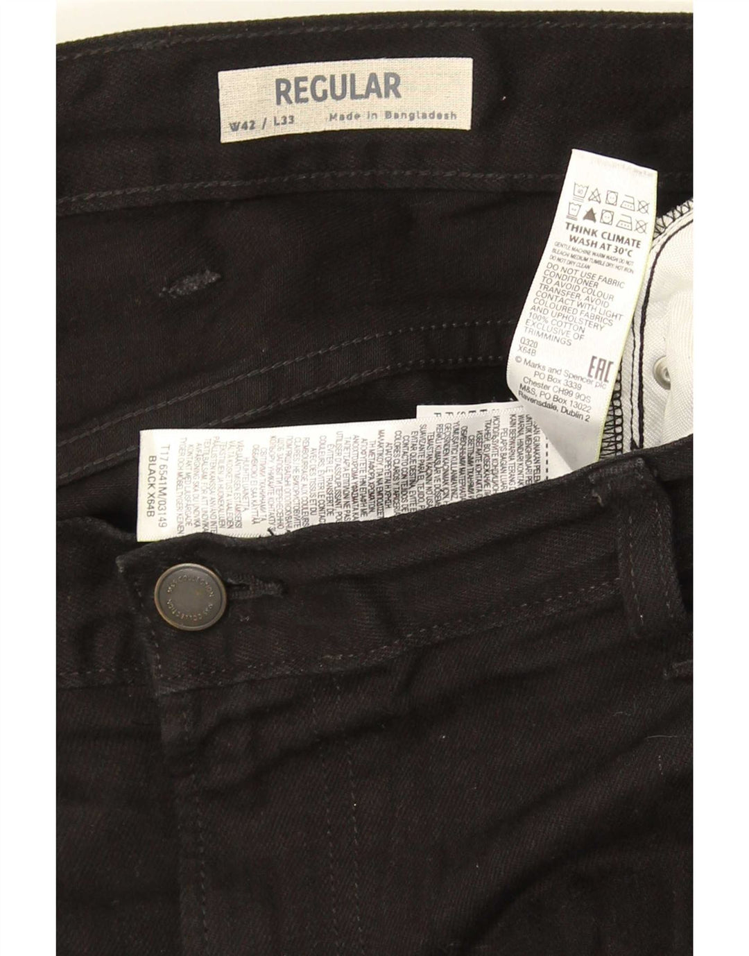 Męskie spodnie codzienne Marks & Spencer o regularnym kroju W42 L33, czarna bawełna