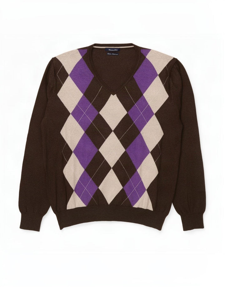 Męski sweter Massimo Dutti z dekoltem w kształcie litery V, XL, brązowy, argyle/diamentowa bawełna