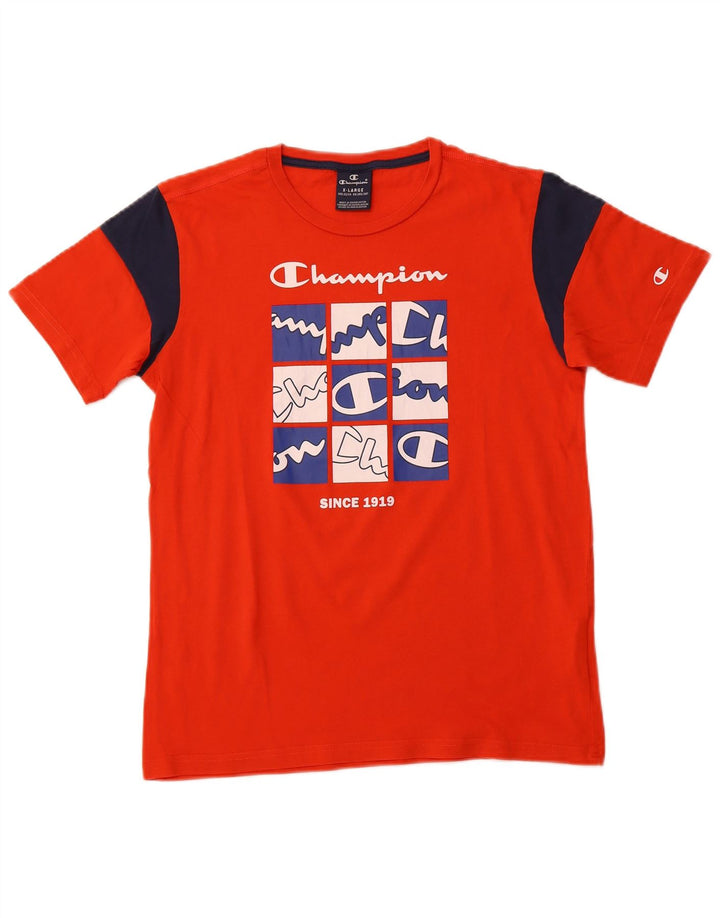 Chłopięcy T-shirt z grafiką CHAMPION, 13-14 lat, XL, Pomarańczowa, bawełniana z blokami kolorów