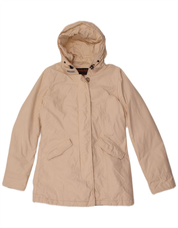 Damska ocieplana kurtka z kapturem Woolrich UK 10, mała, biała, bawełniana