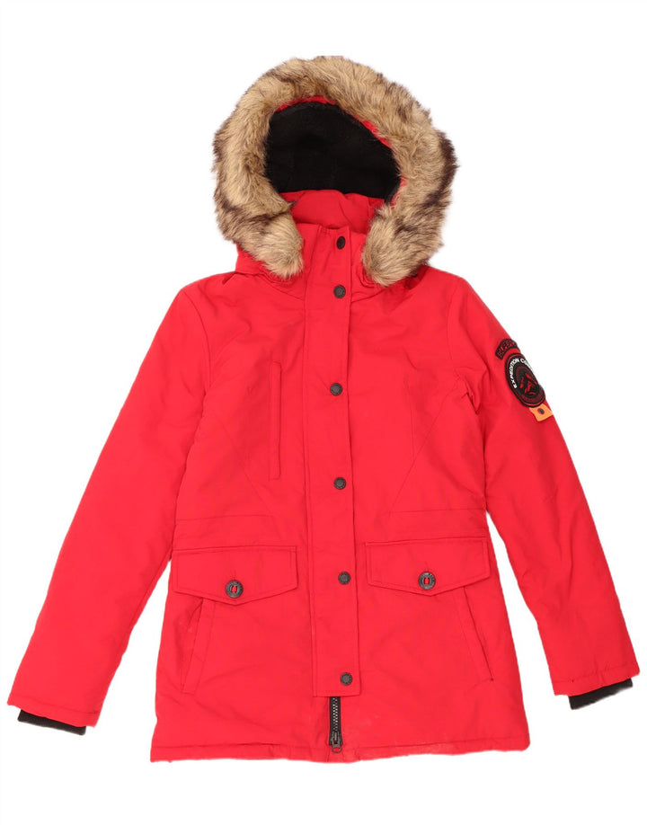 Damska kurtka parka Superdry z kapturem, oversize UK 10, mała, czerwona, nylonowa