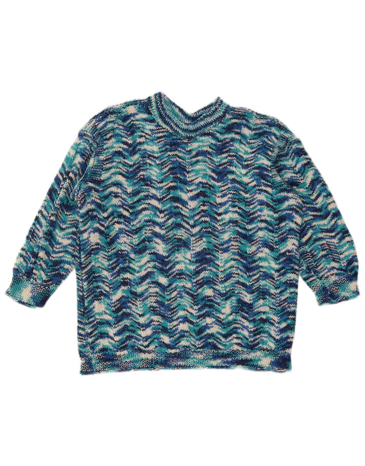 Vintage damski sweter z okrągłym dekoltem UK 14, średni niebieski geometryczny